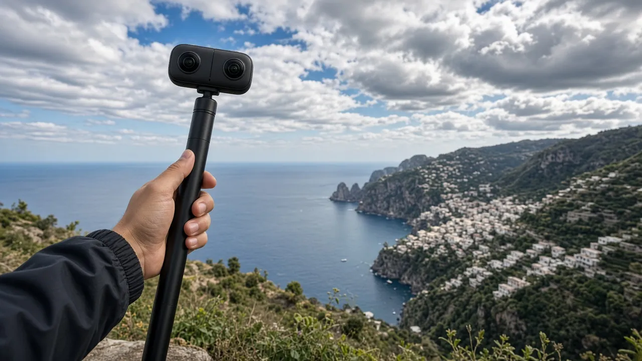 Insta360 X4 Air in uso su selfie stick durante un viaggio