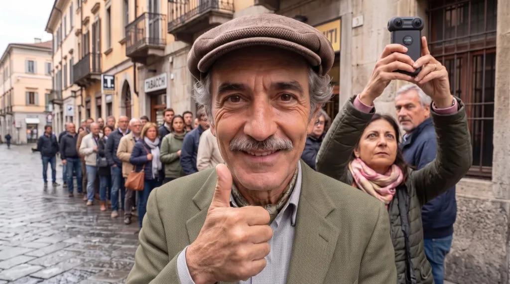 Persone in una via italiana con una camera 360° in uso